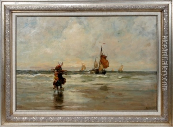 Coast With Figures & Sailboats Oil Painting - Charles Paul Gruppe