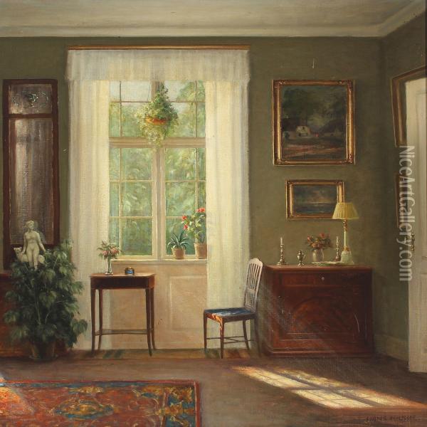 Interior With Sunlight Through A Window Oil Painting - Hans Hilsoe