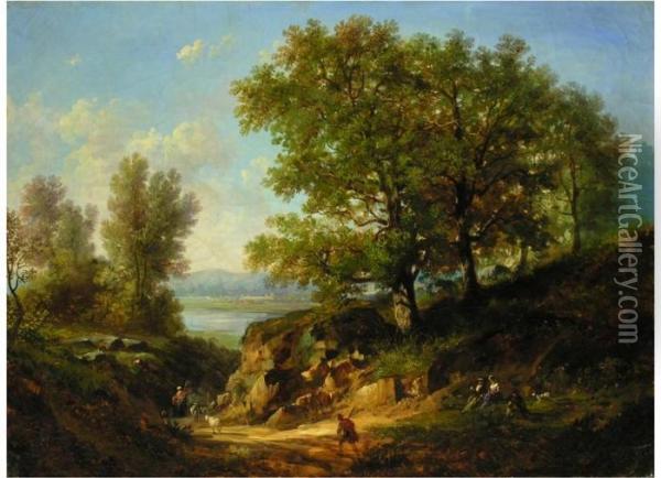 Landschaft Mit Zum Fluss Ziehenden Hirten Oil Painting - Alexandre Defaux