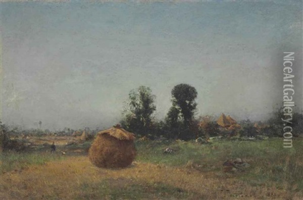 Haystacks In A Landscape Oil Painting - Ivan Pavlovich Pokhitonov