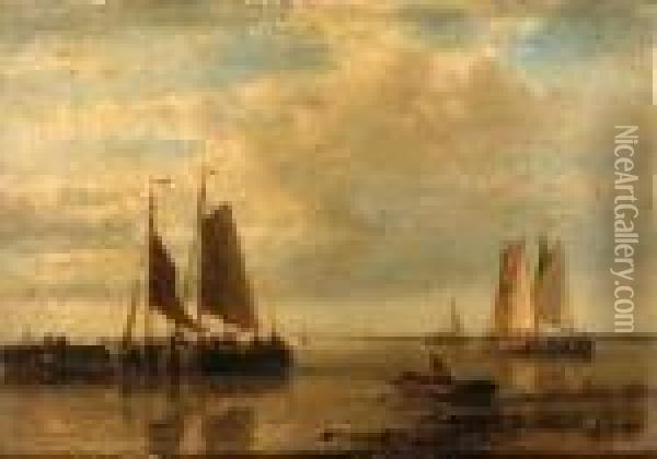 Fishing Boats In An Estuary Oil Painting - Abraham Hulk Jun.