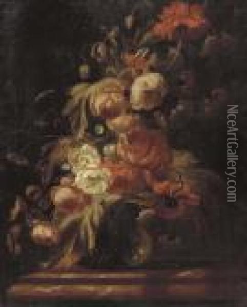 Roses, Carnations, Peonies And Other Flowers In A Vase On A Marbletabletop Oil Painting - Simon Pietersz. Verelst