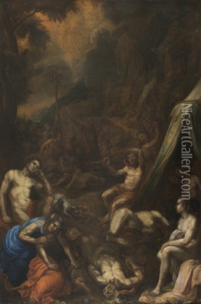 Diptychon: Moses Und Die Eherne Schlange & Moses Schlagt Wasser Aus Dem Felsen Oil Painting - Johann Viktor Platzer