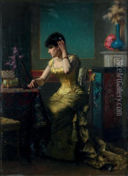 Femme Au Miroir En Robe Jaune Oil Painting - Agapit Stevens