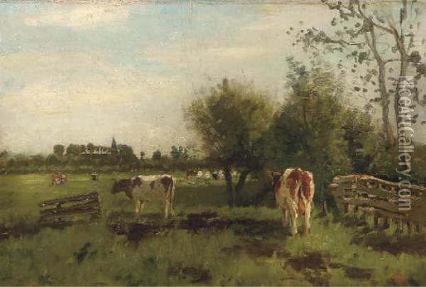 Cows In A Meadow In Spring, A Church Beyond Oil Painting - Geo Poggenbeek