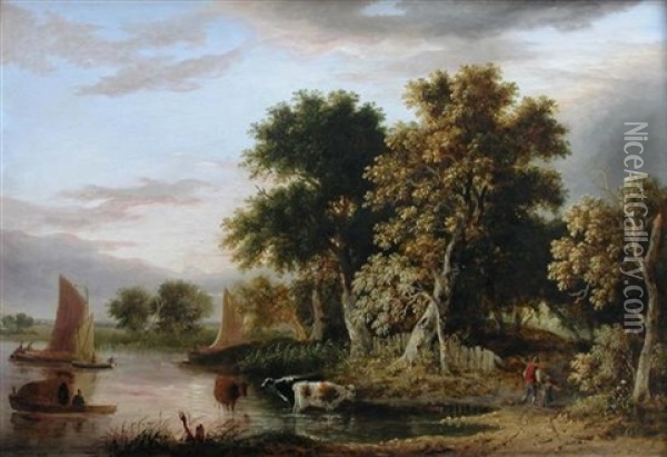 View On The River Wensum, Norwich Oil Painting - Samuel David Colkett