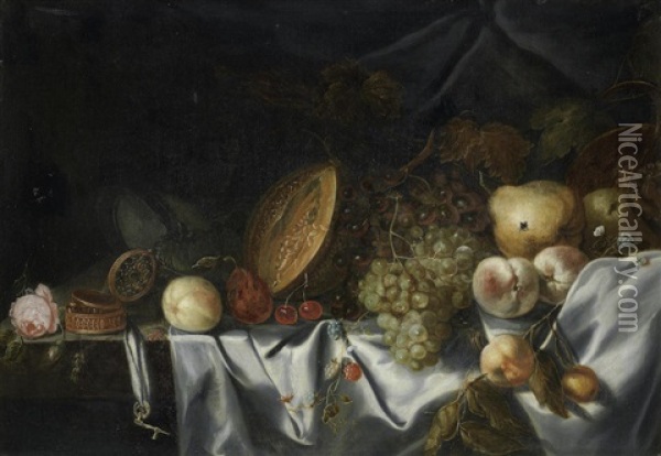 Grapes, Pears, Peaches, Mulberries, A Melon And Other Fruit With An Upturned Nautilus Beaker And A Fob Watch On A Draped Table Oil Painting - Michiel Simons