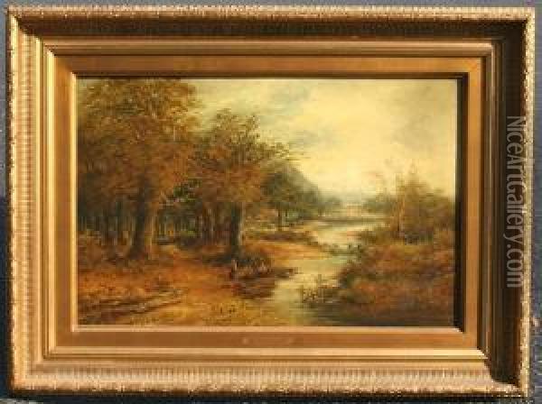 Autumnal Landscape With Figures And Cattle By A Stream Oil Painting - W H Winstanley