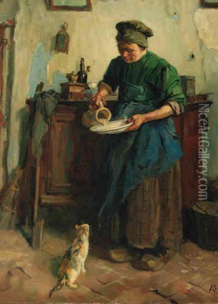 Feeding The Cat Oil Painting - Jacques Abraham Zon