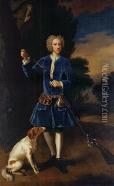 Portrait Of A Gentleman In A Blue Velvet Coat, Loading His Gun, A Spaniel At His Side, In A Landscape Oil Painting - Enoch Seeman