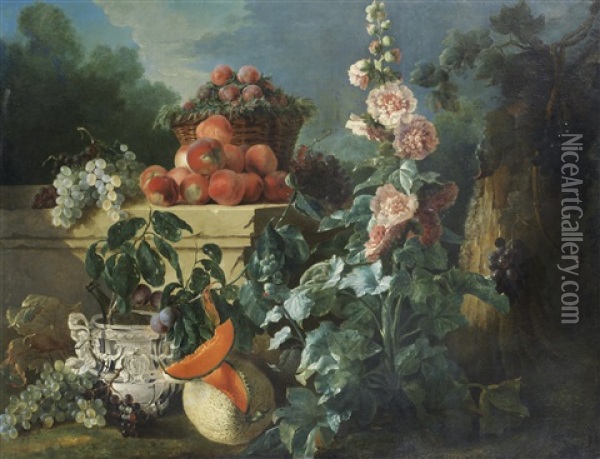 A Still Life Of Grapes, Peaches And A Basket Of Plums On A Stone Ledge Above A Silver Wine Cooler Beside A Split Melon And A Pink Hollyhock In A Wooded Park Oil Painting - Jean-Baptiste Oudry