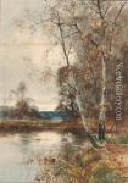 River Landscape With Silver Birch Trees Oil Painting - Henry Charles Fox