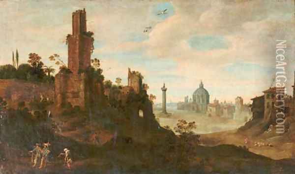 An extensive landscape with elegant figures passing a beggar on a track, ruins nearby and a 'capriccio' view of Rome in the distance Oil Painting - Willem van, the Younger Nieulandt