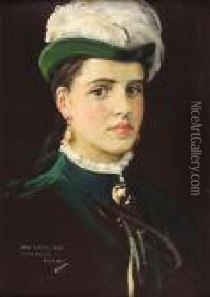 Head And Shoulders Portrait Of Jane Lavery In Green, With Plumed Hat Oil Painting - John Lavery