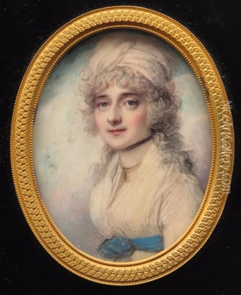 Portrait Miniature Of Miss Gunning, Head And Shoulders, Wearing A Turban And A Blue Sash Oil Painting - Richard Cosway