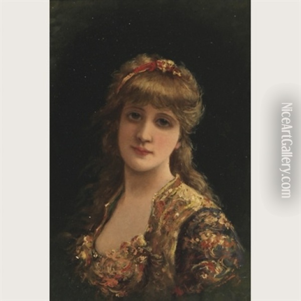 Pretty Blonde Girl In A Patterned Dress Oil Painting - Emile Eisman-Semenowsky