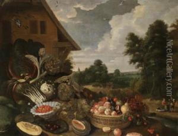 A Still Life Of Fruit And Vegetables Against A Landscape Backdrop Oil Painting - Adriaen van Utrecht