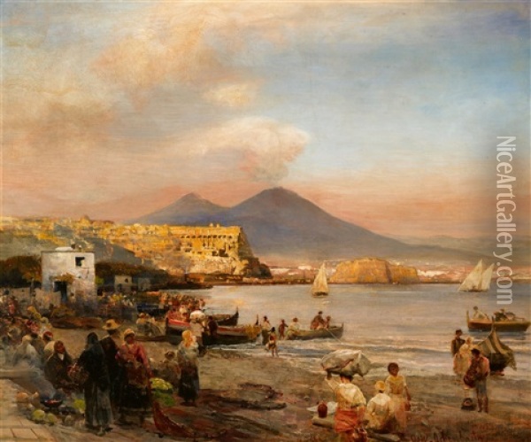 View Of Naples With Mount Vesuvius Oil Painting - Oswald Achenbach