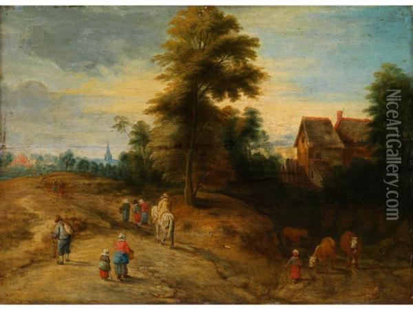 Hugelige Landschaft Mit Baumen Und Bauernhausern Oil Painting - Jan The Elder Brueghel