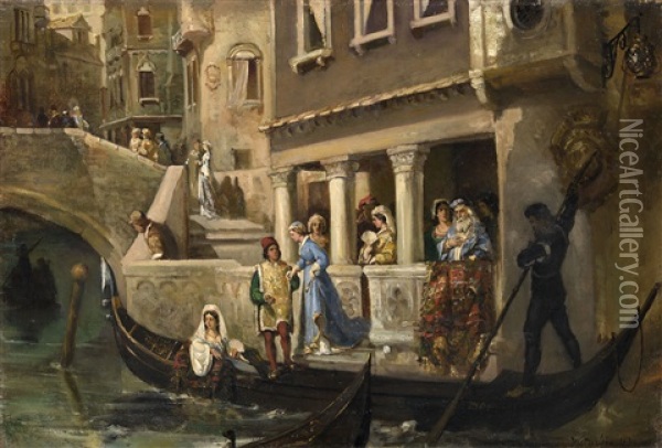 Dignitaries Boarding A Gondola On A Venetian Backwater Oil Painting - Vasili Aleksandrovich Kotarbinsky