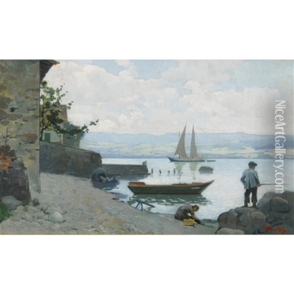 Uferpartie Bei Nernier Mit Wascherin Und Angler Oil Painting - Jean Daniel Ihly