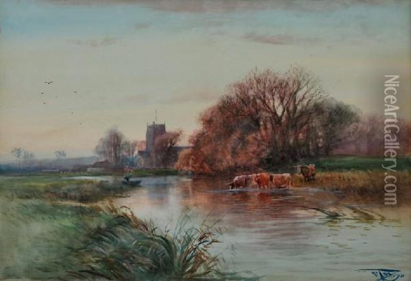 Watering Cows Oil Painting - Henry Charles Fox