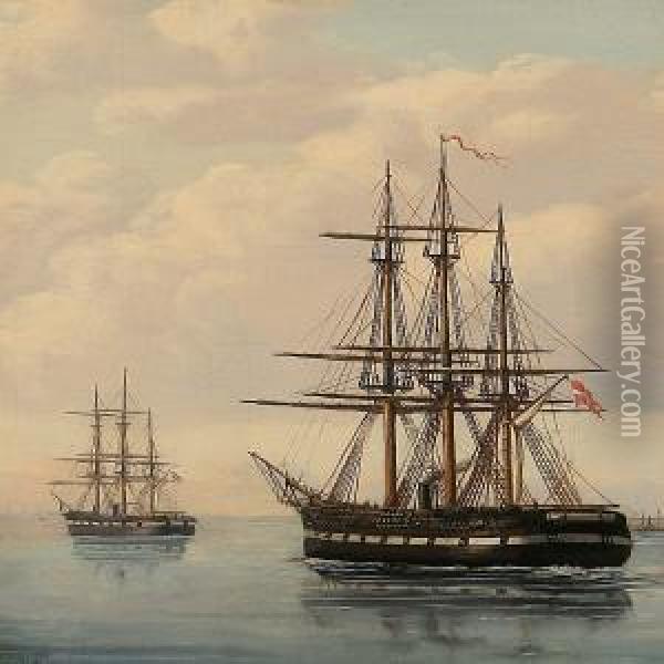 Fregatten Sjaelland I Sundet Oil Painting - Carl Johan Neumann