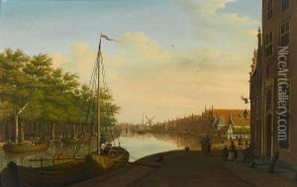 A Dutch Townscape With Barges On A Canal Oil Painting - Paulus Constantin La Fargue