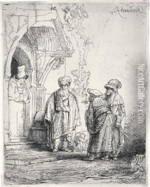 Three Oriental Figures (jacob And Laban?) (b., Holl.118; H.183; Bb.41-f) Oil Painting - Rembrandt Van Rijn