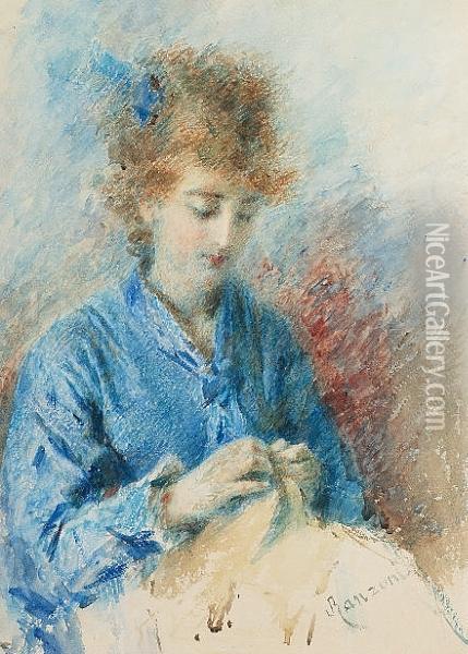 A Young Lady Sewing Oil Painting - Daniele Ranzoni
