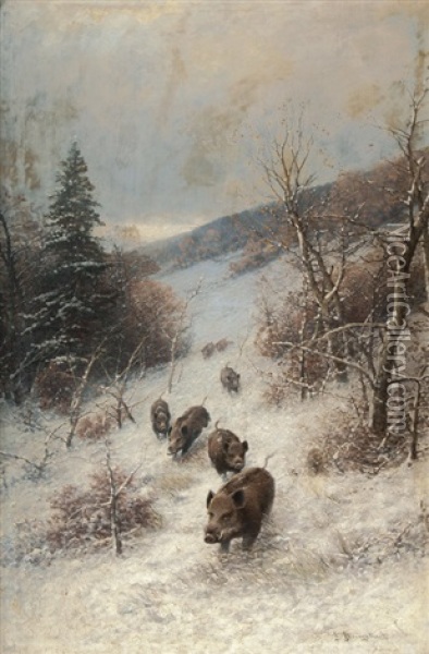 A Sounder Of Boars In A Wintery Forest Oil Painting - Johann Jungblut