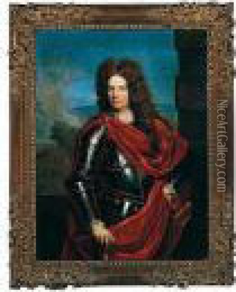 Portrait Of A Man In Armour, 
Threee-quarter Length, Wearing The Badge Of The Royal And Military Order
 Of Saint Louis Of France Oil Painting - Nicolas Fouche