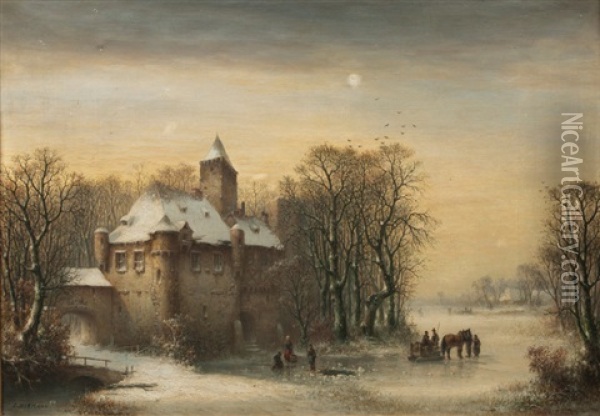 Old Castle In Pomerania In Winter Oil Painting - Ludwig Hermann
