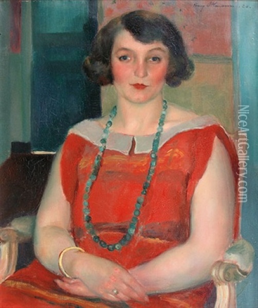 Jeune Femme Assise A La Robe Rouge Oil Painting - Henri Ottmann