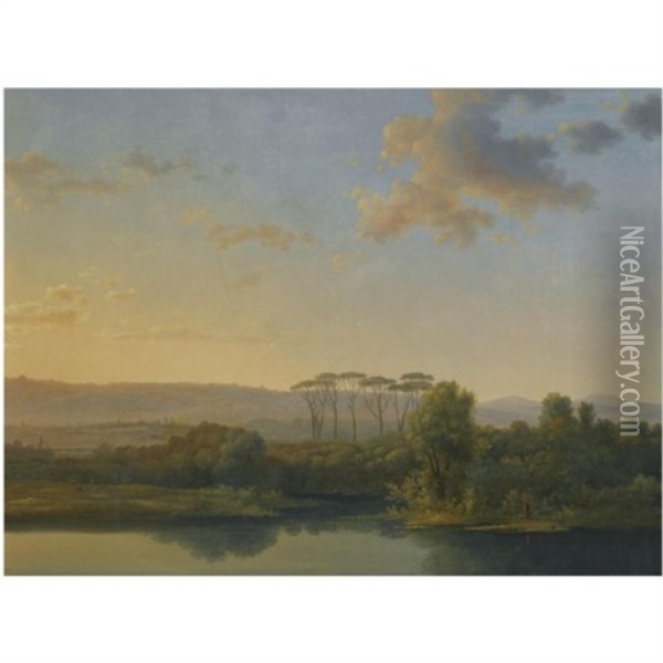 An Italianate River Landscape At Sunset Oil Painting - Jean Joseph Xavier Bidault