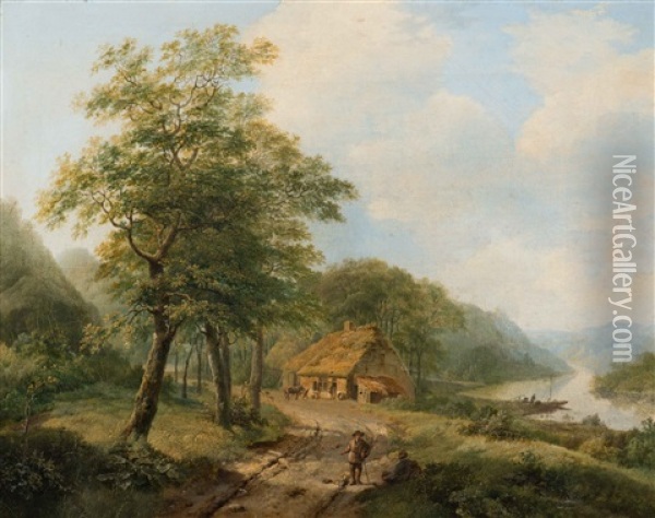 Travelers On A Path In A Wooded River Landscape Oil Painting - Marinus Adrianus Koekkoek