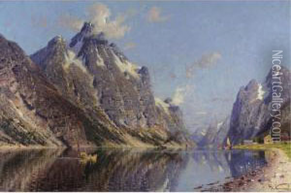 Snodekket Fjord (a Snow-capped Fjord) Oil Painting - Adelsteen Normann