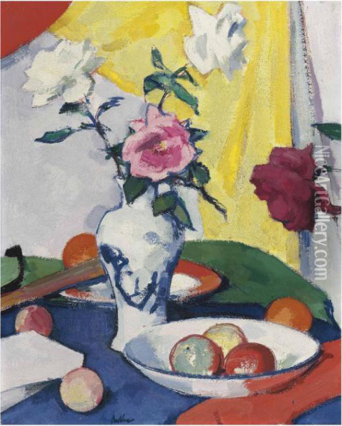 Still Life With Roses, Yellow Oil Painting - Samuel John Peploe