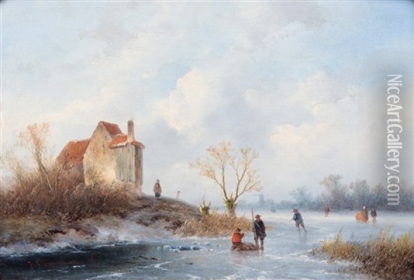 A Winter Landscape With Figures On A Frozen River Oil Painting - Johannes Franciscus Hoppenbrouwers