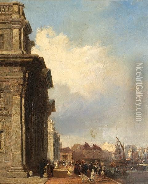 A View Of Greenwich Hospital With Figures On The Quay Oil Painting - Edward Pritchett
