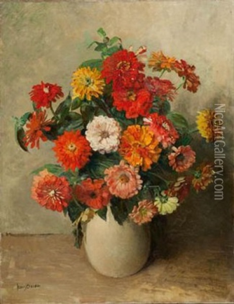Still Life With Zinnias In A Vase Oil Painting - Frans David Oerder