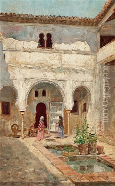 Vista De Un Patio De Granada, Y Calle De Granada (2 Works) Oil Painting - Jose de Larrocha Gonzalez
