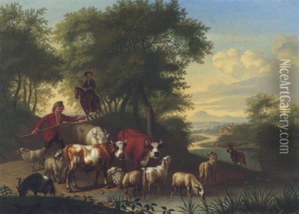 Flusslandschaft Mit Schafhirten Und Herde Oil Painting - Jan van Gool