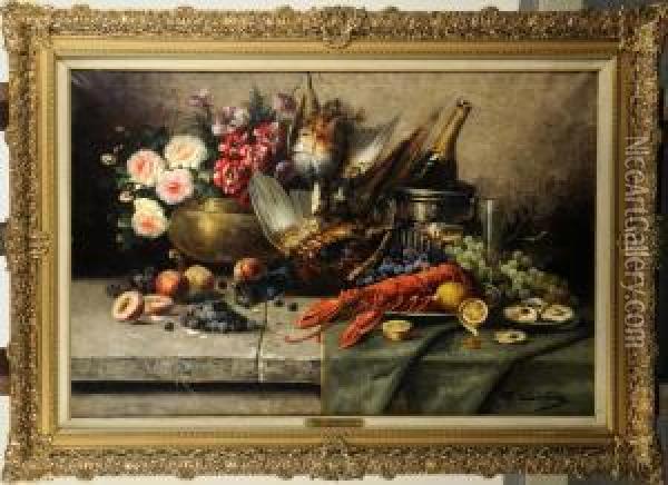 Composition Aux Fleurs, Au Homard Et Au Champagne Oil Painting - Max Carlier