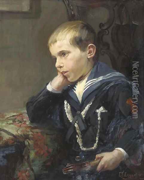 Portrait of a young boy, bust-length, in a sailor suit, holding a violin under his left arm Oil Painting - Jane Loudon