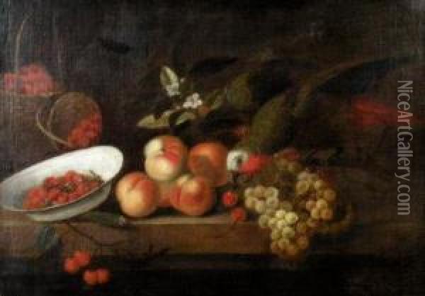 A Parrot Stealing Fruit From A Table Top Oil Painting - Jakob Bogdani Eperjes C