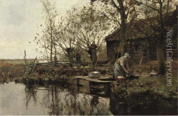 Washing Up By The Riverside Oil Painting - Cornelis Vreedenburgh