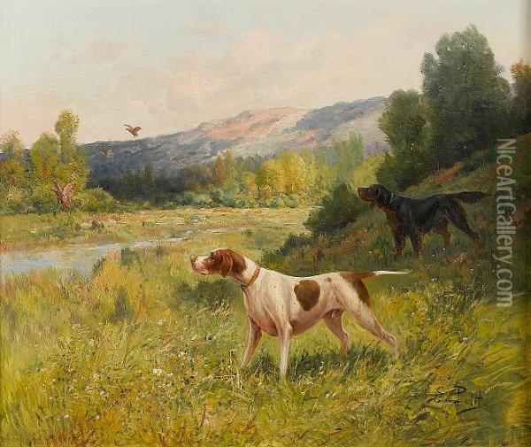 A Pointer And A Setter Putting Up Game Oil Painting - Eugene Petit