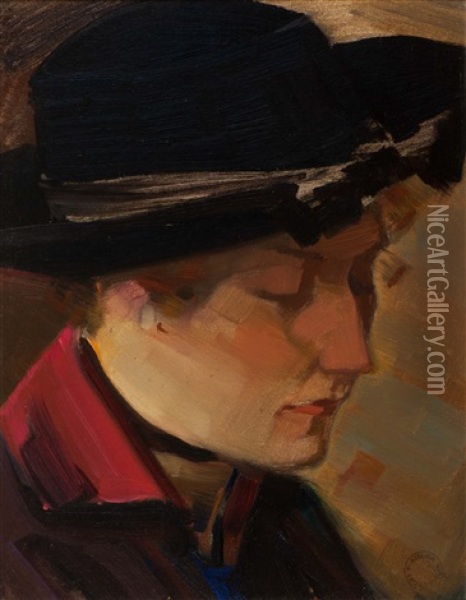 Young Woman With Black Hat Oil Painting - Leo Gestel