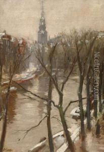 View Of The Singel Canal In Amsterdam In Winter Oil Painting - Salomon Garf